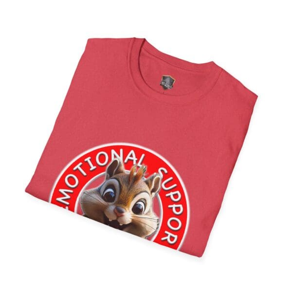 Red T-shirt with a cartoon chipmunk inside a circle and partially visible text that reads "Emotional Support Chipmunk.