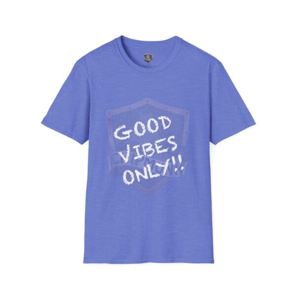 Good Vibes Only Shirt featuring a blue color, shield design, and "GOOD VIBES ONLY!!!" printed in white.