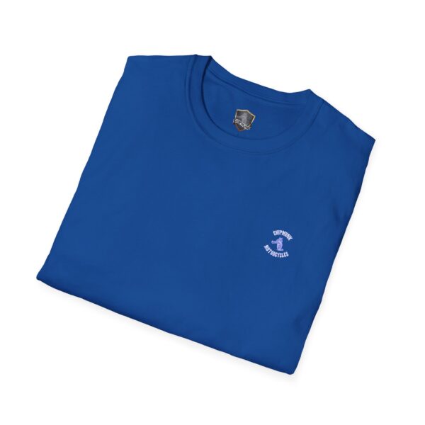 A folded Chipmunk Motorcycle T-Shirt in blue with a small white graphic on the left chest area.