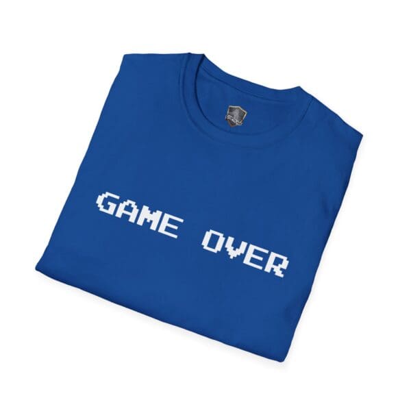 Game Over T-Shirt in blue with a white pixelated "Game Over" print, neatly folded on a flat surface.