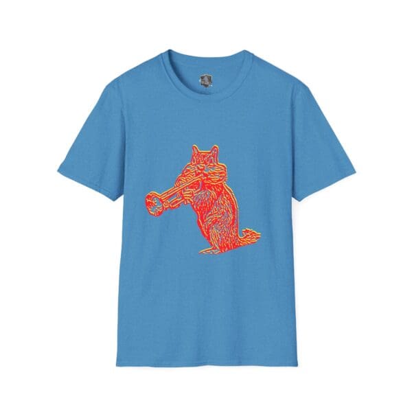 Chipmunk T-shirt featuring a colorful, stylized illustration of a cat playing a trumpet.