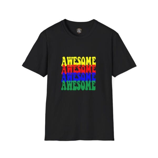 Black Awesome Shirt featuring the word "AWESOME" repeated in yellow, red, blue, and green.