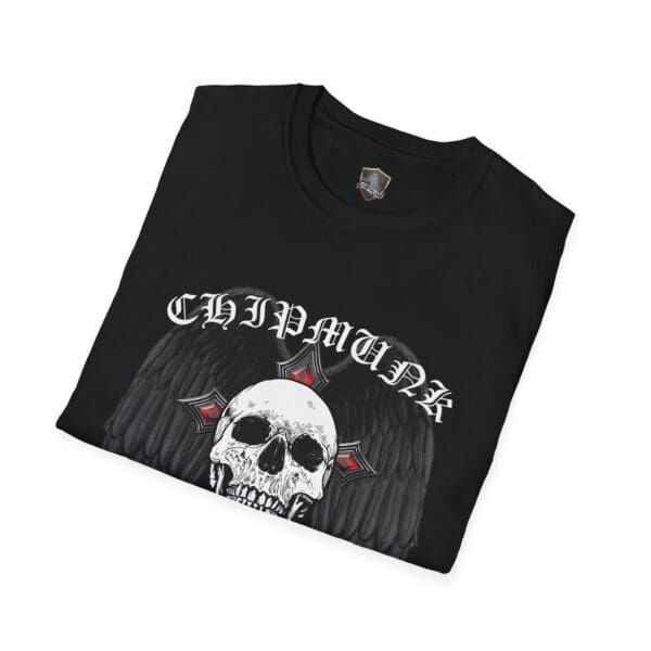 Gothic Art T-Shirt in black with a skull and wings graphic, featuring the word "CHIPMUNK.