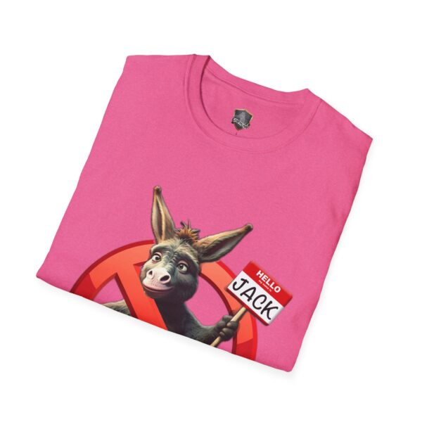 Pink t-shirt showcasing the "Don't Be A Jack Ass" design, which includes an illustration of a donkey holding a name tag that reads "Jack," all set against a crossed-out circle symbol.