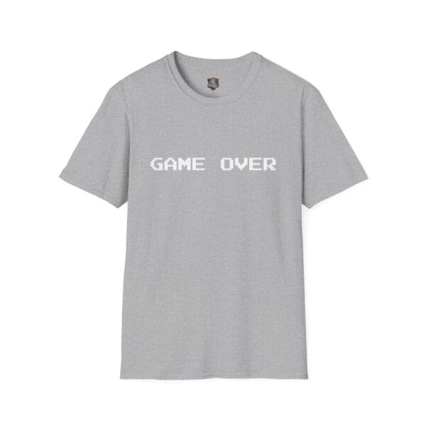 Game Over T-shirt in gray featuring "GAME OVER" printed in a white pixelated font on the front.