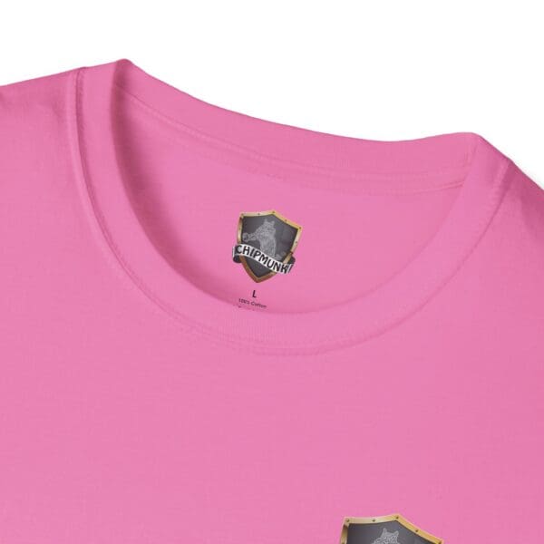 Close-up of a pink Chipmunk Trucker Shirt featuring a shield-like logo and the words "CHIPMUNK" on the inner label, indicating size "L" and crafted from 100% cotton.