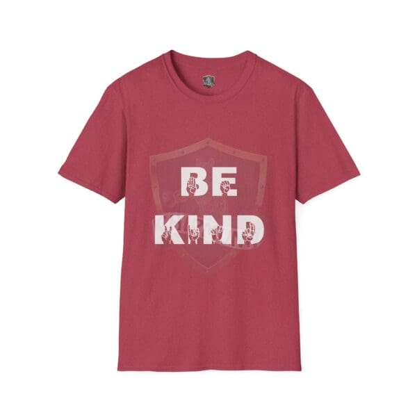 A red T-shirt called the "Be Kind in Sign Language T-Shirt," adorned with bold white letters spelling "BE KIND" using hand symbols for each letter.