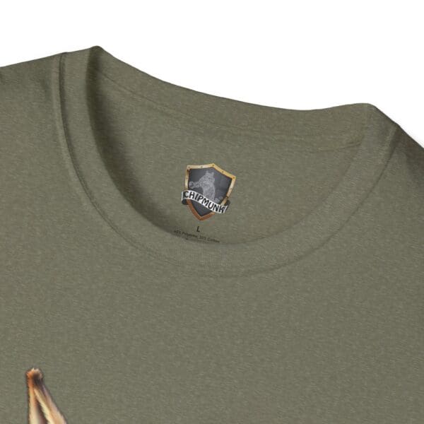 Close-up of a green T-shirt collar with a "Chipmunk" label. Part of the "Don't Be A Jack Ass" graphic featuring an animal is visible on the shirt.