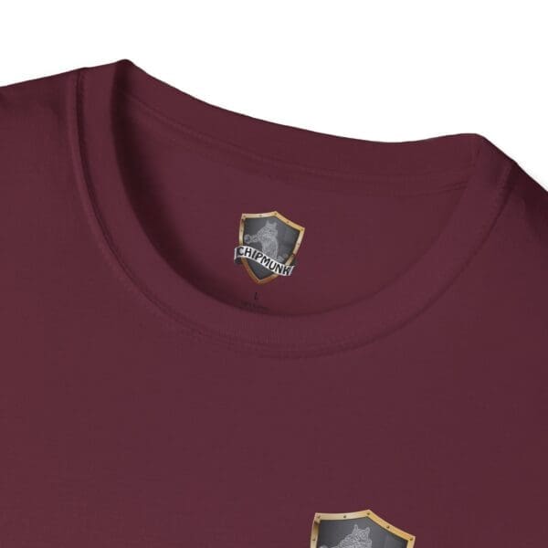 F Cancer Childhood Cancer Awareness T-Shirt by Maroon Chipmunk, featuring a shield logo on the collar label.