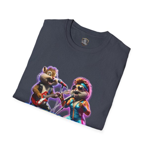 Chipmunk Retro T-shirt showcasing two animated chipmunks—one strumming a guitar while the other sings into a microphone, both dressed in vibrant outfits.