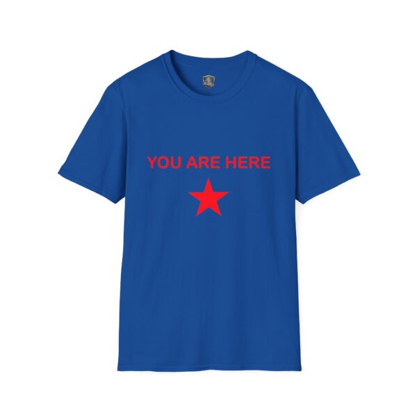 Guiding Star Tee Shirt: Blue with the phrase "YOU ARE HERE" in red above a red star on the front.