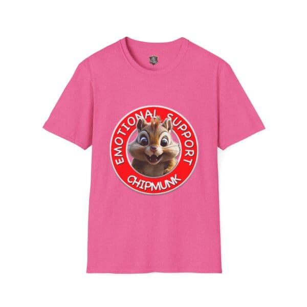 Emotional Support Chipmunk T-Shirt in pink, adorned with a circular design of a cartoon chipmunk and the accompanying text "Emotional Support Chipmunk.