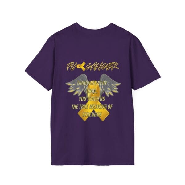 Purple t-shirt with "F Cancer" prominently displayed, accompanied by a message about strength, angel wings, and yellow awareness ribbons for childhood cancer awareness.