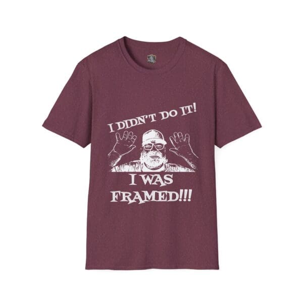 George the Roadie's Iconic Icebreaker T-Shirt in maroon features a white graphic of a person raising hands with the text "I Didn't Do It! I Was Framed!!!