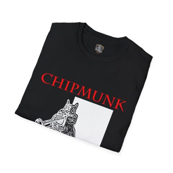 Black folded Chipmunk T-Shirt featuring a graphic of a chipmunk and the text "CHIPMUNK" in red.