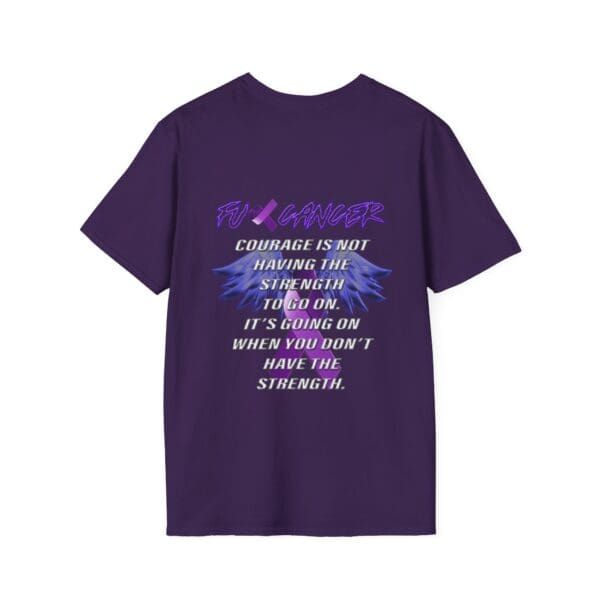 The F*ck Cancer Ribbon T-Shirt in purple features the phrase "FU Cancer" on the front and includes a bold quote about courage and strength on the back, accompanied by blue wing graphics.