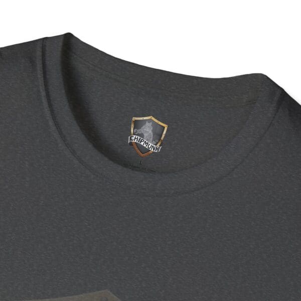 Close-up of the "What I Forgot You Will Never Know" T-shirt in dark gray, featuring a small "Chipmunk" logo with a shield and chipmunk graphic on the inside neckline.