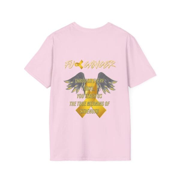 Pink "F Cancer Childhood Cancer Awareness T-Shirt" featuring angel wings and the text: "Through every angel, you teach us the true meaning of strength.