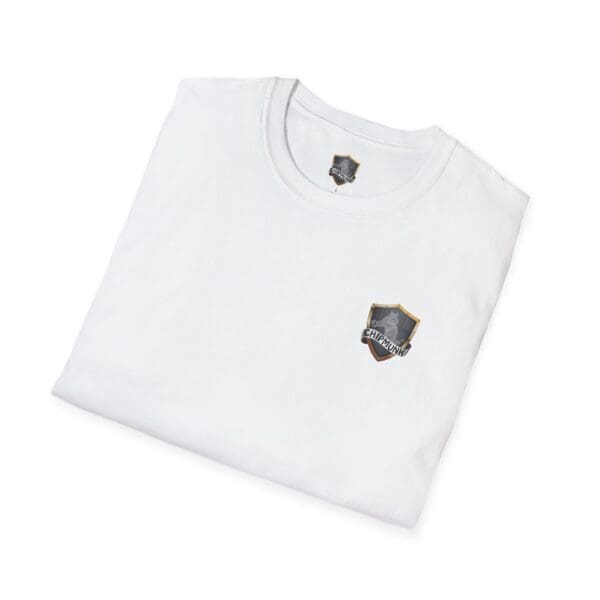 Folded Chipmunk Trucker Shirt in white featuring a small crest logo on the chest and a larger tag inside the collar.