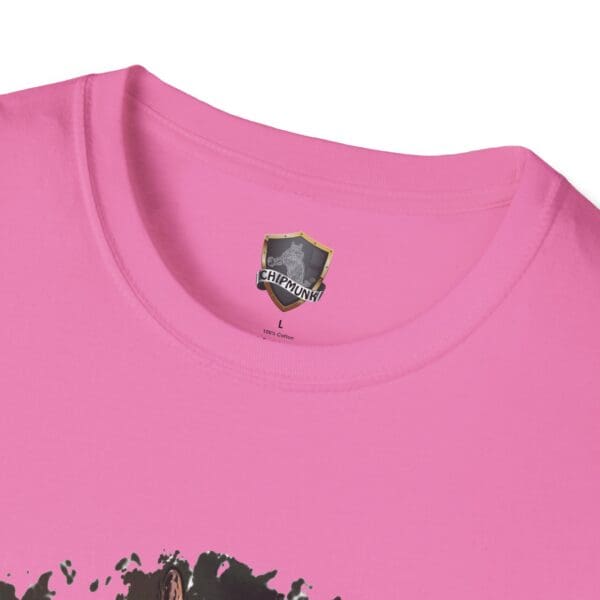 Close-up of an OG Chipmunk T-shirt in pink with a label that reads "Chipmunk" and a shield logo near the neckline.