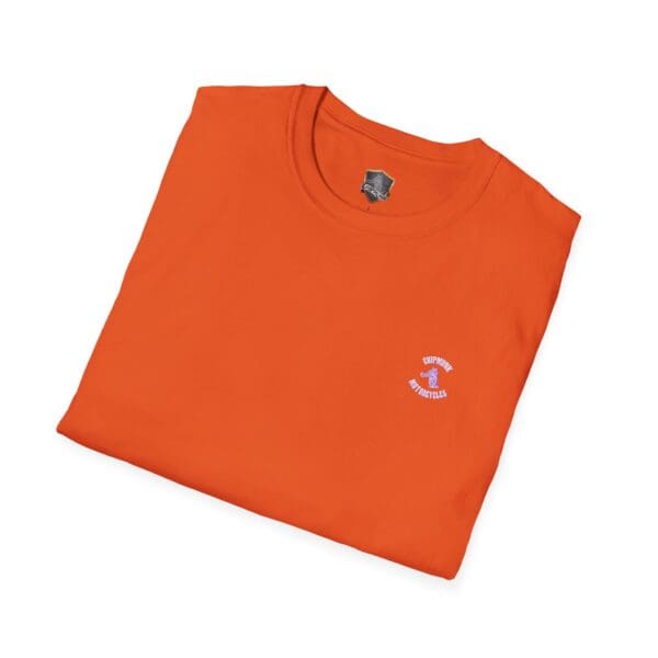 Folded orange Chipmunk Motorcycle T-shirt with a small graphic on the chest featuring the words "Sippin' Scientist" and a cartoon character holding a beverage.