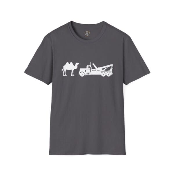 Camel Tow gray T-shirt featuring a white graphic of a camel and a tow truck on the front.