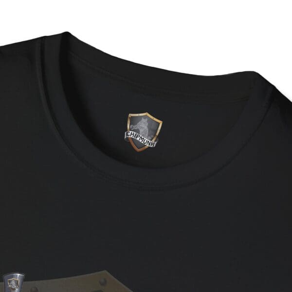 Close-up of the Admission T-Shirt in black, featuring a logo with a shield and a small graphic labeled "Chipmunk" at the neckline.