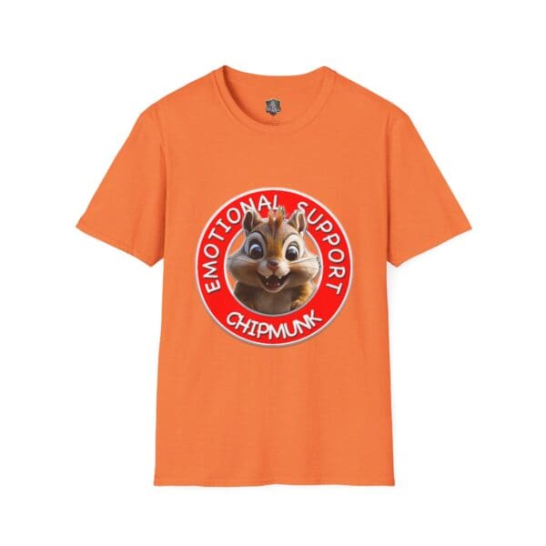 Emotional Support Chipmunk T-Shirt featuring a cartoon chipmunk face and text "Emotional Support Chipmunk" in a circular design on an orange background.