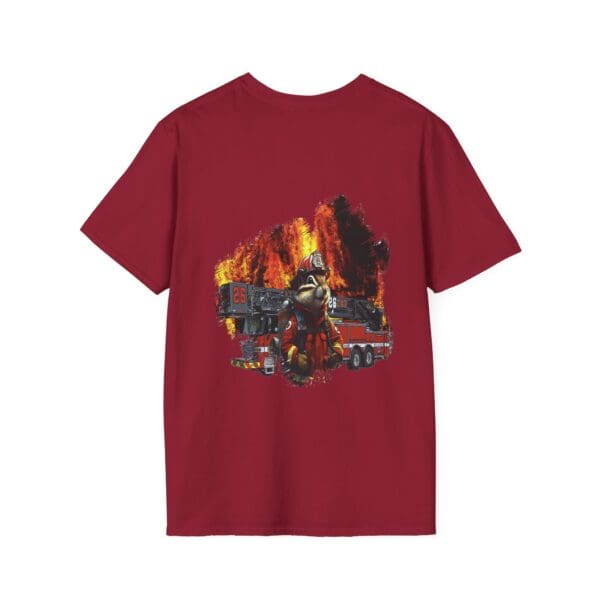 Chipmunk Firefighter T-Shirt in red, showcasing an illustration of a firefighter, fire truck, and blazing flames in the background.