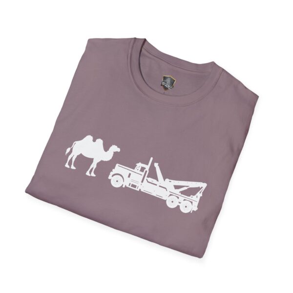 A folded purple t-shirt featuring a white print showcasing the "Camel Tow" design.