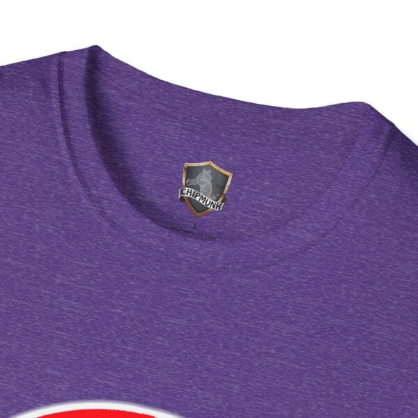 Close-up of a purple "Emotional Support Chipmunk" t-shirt featuring a shield-shaped logo inside the neckline.