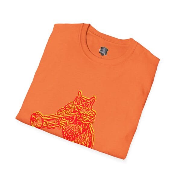 Chipmunk T-Shirt in orange, featuring a graphic of a cat playing a trumpet in red and yellow hues, folded neatly.