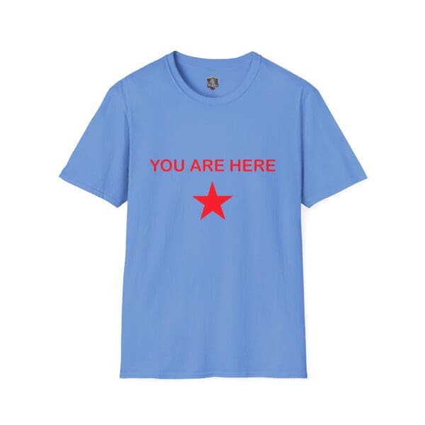 Guiding Star Tee Shirt in blue featuring the phrase "YOU ARE HERE" in red text above a red star on the front.