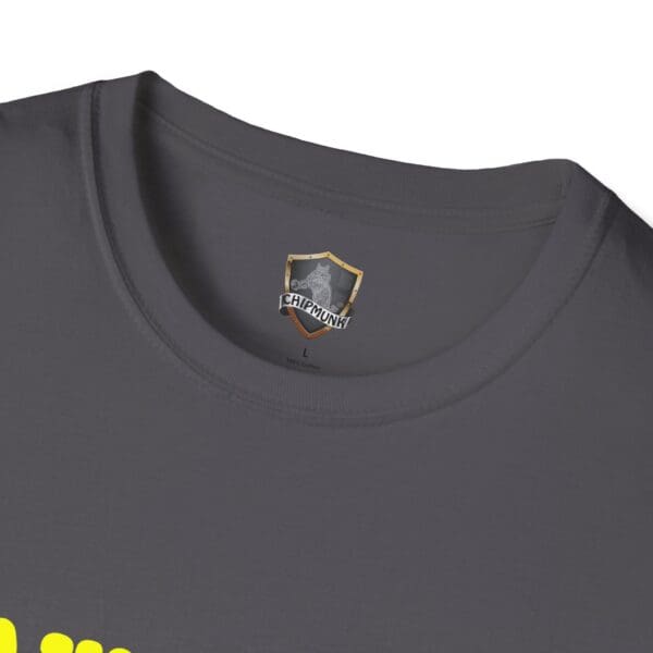 Close-up of a dark gray Awesome Shirt with an "Awesome" label inside the collar area.