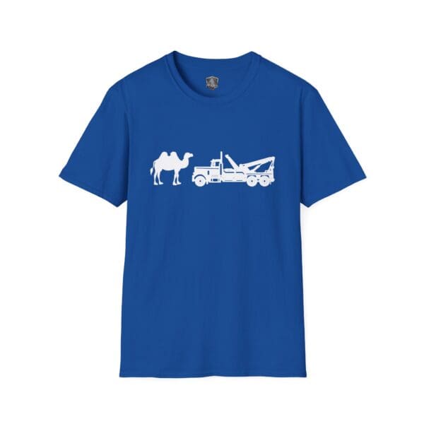 Camel Tow T-shirt, featuring a blue design with a white graphic of a camel and a tow truck side by side.