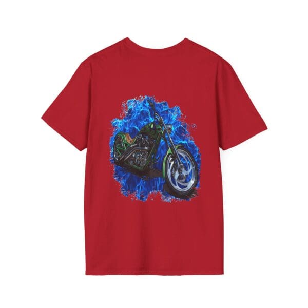 Chipmunk Motorcycle T-Shirt featuring a black motorcycle surrounded by blue flames on the back.