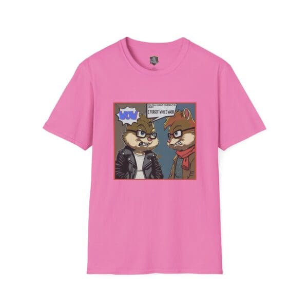 Overt Narcissism - Forgetting Myself Graphic Tee in pink, adorned with a comic-style image of two cartoon animals dressed in leather and brown jackets, highlighted by the speech bubble saying "WOW.