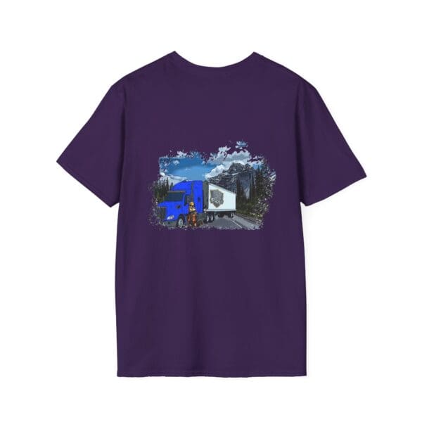 Chipmunk Trucker Shirt featuring a graphic of a blue semi-truck on a mountain road with a backdrop of a cloudy sky.