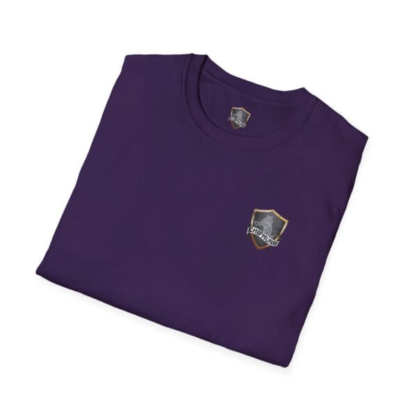 Folded purple Chipmunk Family T-Shirt featuring a small shield logo with a knight's helmet and the word "CRUSADER" on the chest area.