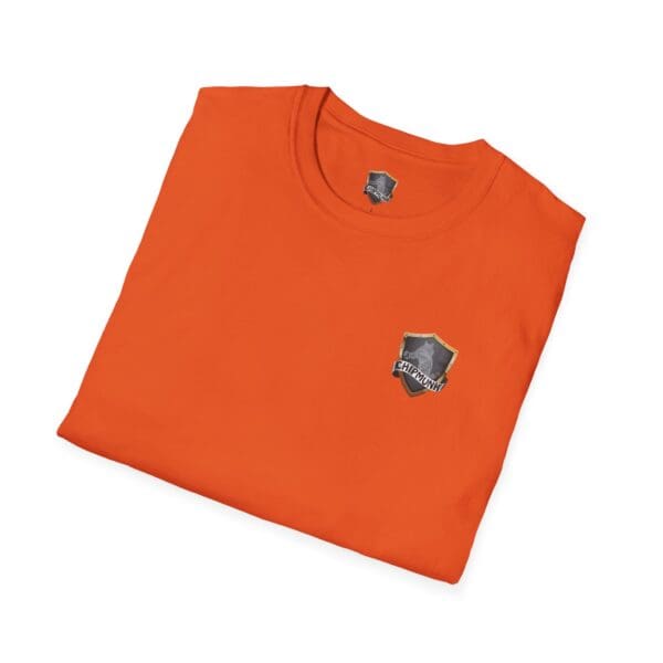 A neatly folded Chipmunk Family T-Shirt in orange, featuring a small shield logo on the chest.