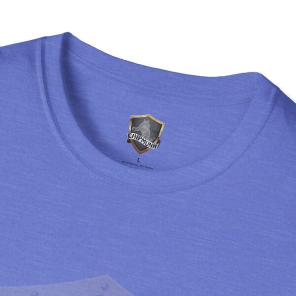 Close-up of a blue Good Vibes Only Shirt featuring a small shield-shaped logo above the label "Chipmunk" on the inside collar.