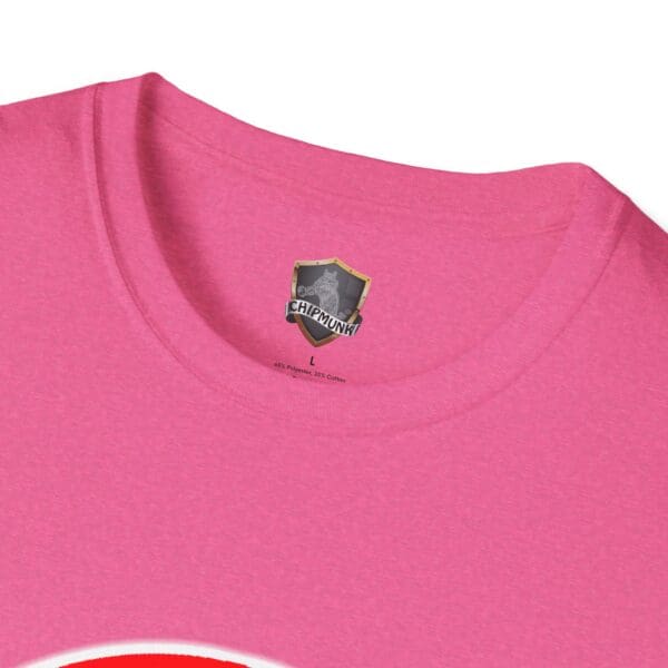 Close-up of a pink Emotional Support Chipmunk T-Shirt with the brand label visible inside the neckline.