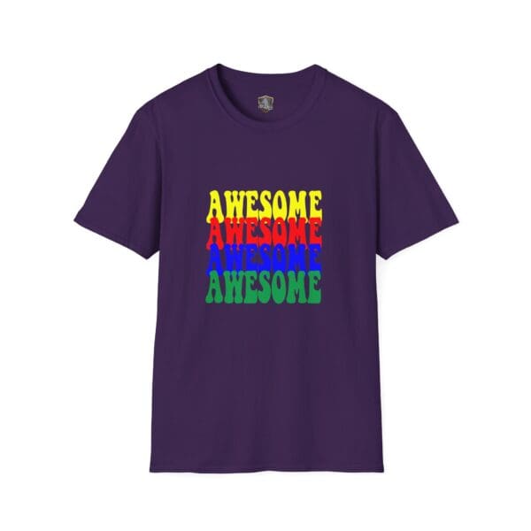 Awesome Shirt in purple featuring "AWESOME" printed four times in yellow, red, blue, and green.