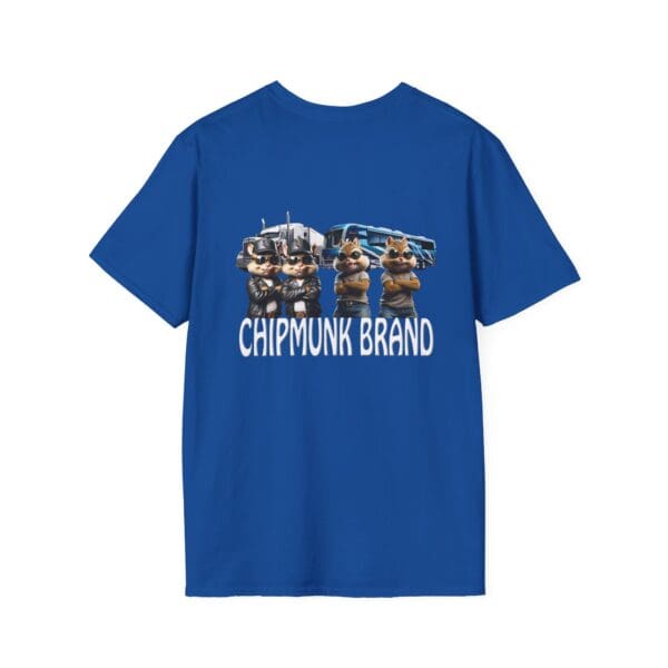 Chipmunk Family T-Shirt in blue, showcasing cartoon chipmunks positioned in front of a large truck, with "Chipmunk Brand" text beneath the image.