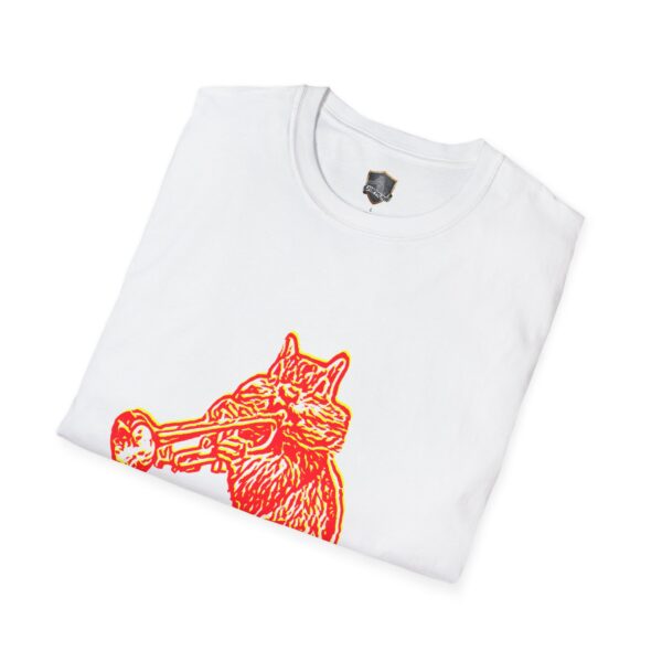 Chipmunk T-Shirt, featuring a red and yellow graphic of a cat playing a trumpet, neatly folded.