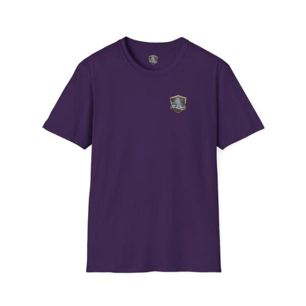 F Cancer Childhood Cancer Awareness T-Shirt in purple featuring a small shield logo on the upper left side.