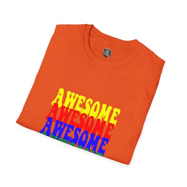 Product Name: Awesome Shirt, an orange T-shirt featuring the word "AWESOME" printed in yellow, red, and blue in bold vertical font.