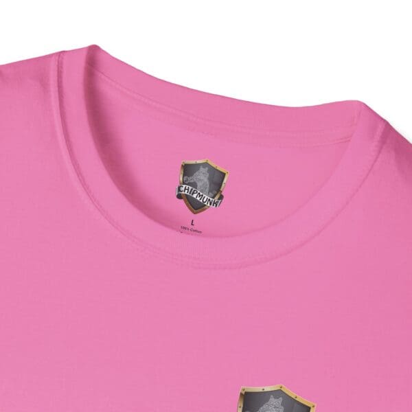 Close-up of a pink "F*ck Cancer Ribbon T-Shirt" featuring a badge design near the neckline and a small logo label reading "Chipmunk.