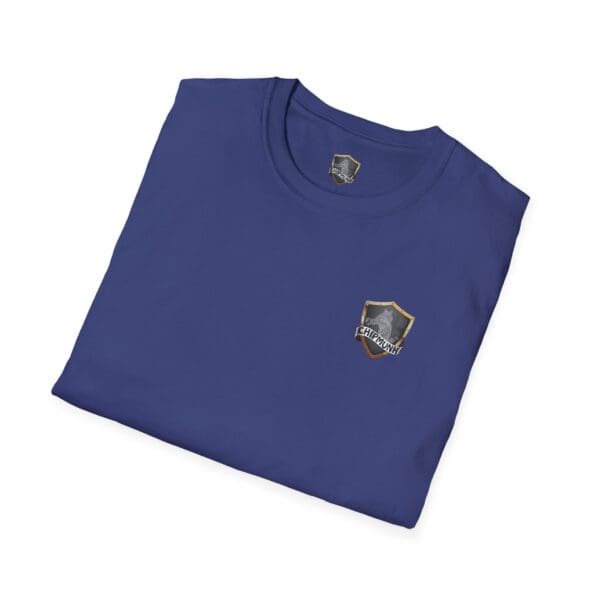 A blue Chipmunk Family T-Shirt featuring a small shield and dark gray castle emblem on the front, folded neatly.