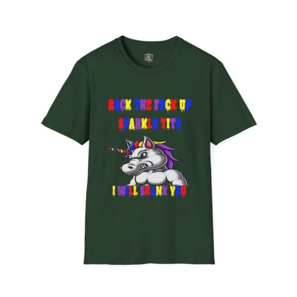 The Colorful Angry Unicorn Tee features a green backdrop with a cartoon unicorn sporting a rainbow horn and vibrant, bold text.